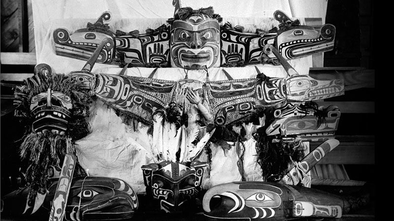 Photo of masks and potlatch regalia from Royal British Columbia Museum
