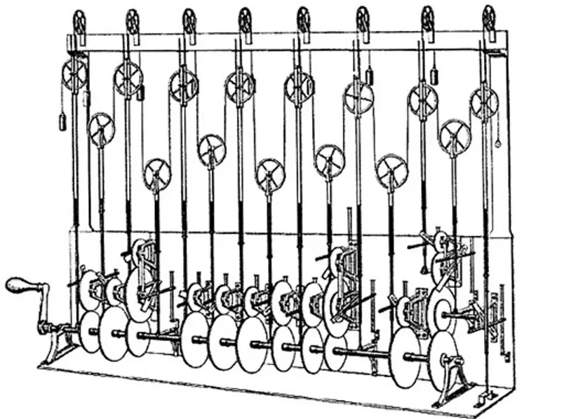 Image of original sketch by Lord Kelvin with crank at one end and a stylus at the other end and pulleys between; turning of the crank records the resultant harmonic curve on a moving strip of paper