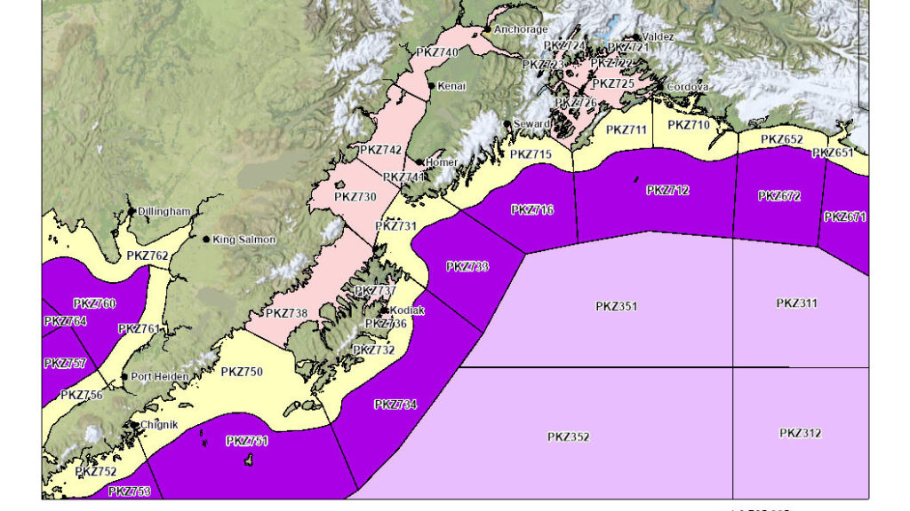 Image of nearshore and coastal weather forecast zones in northern Gulf of Alaska