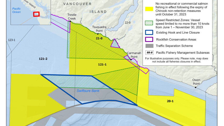 Map of two speed restricted zones near Swiftsure Bank