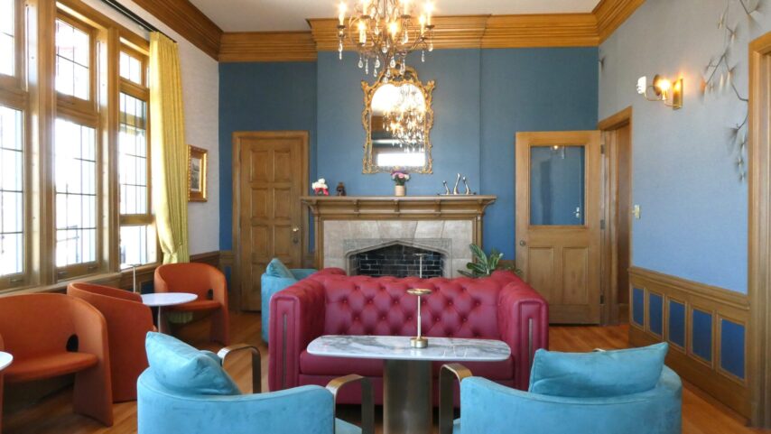 Lounge area with fireplace inside the Weyerhaeuser building