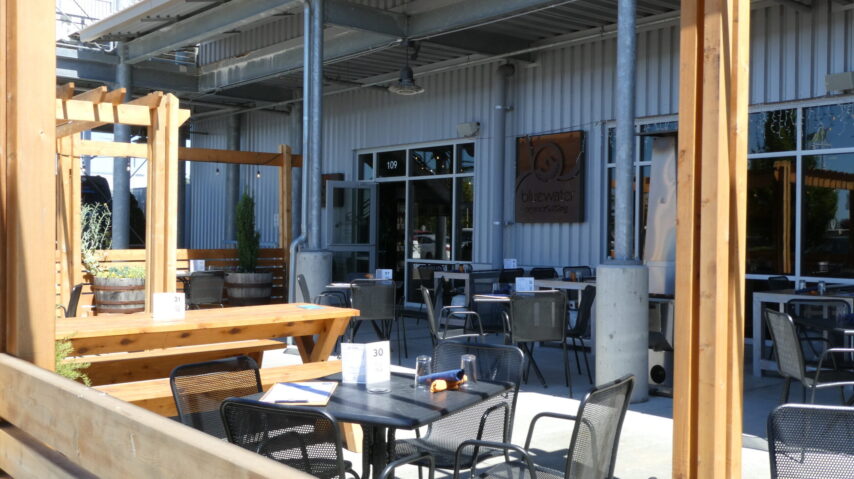 Patio seating at Bluewater Organic Distilling & Restaurant