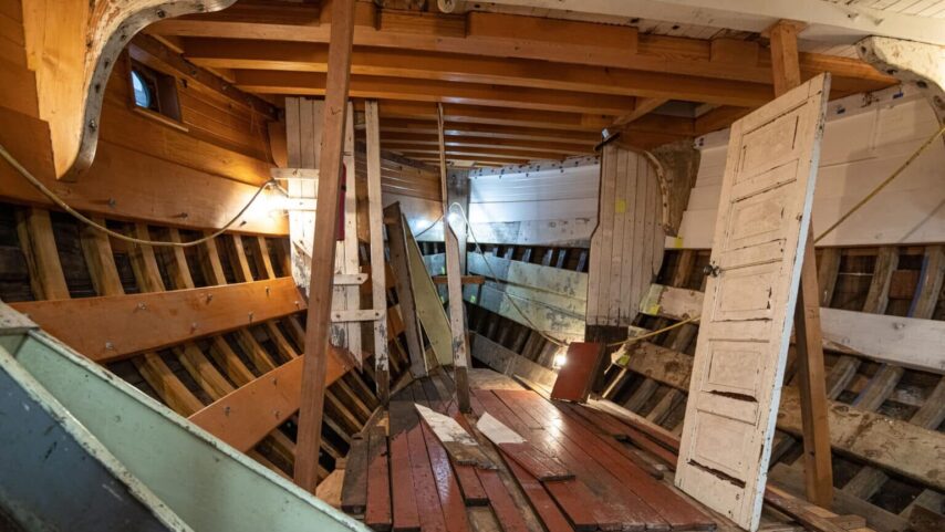 Inside of the hull of Shenandoah being refurbished