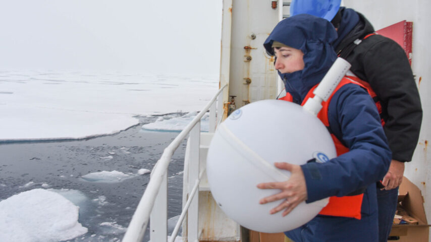 Photo of Ice Ball Buoy being deployed