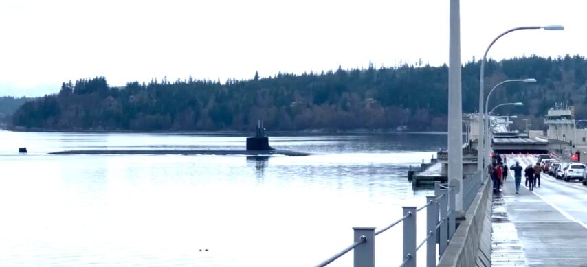 Photo of submarine transiting through the Hood Canal Bridge