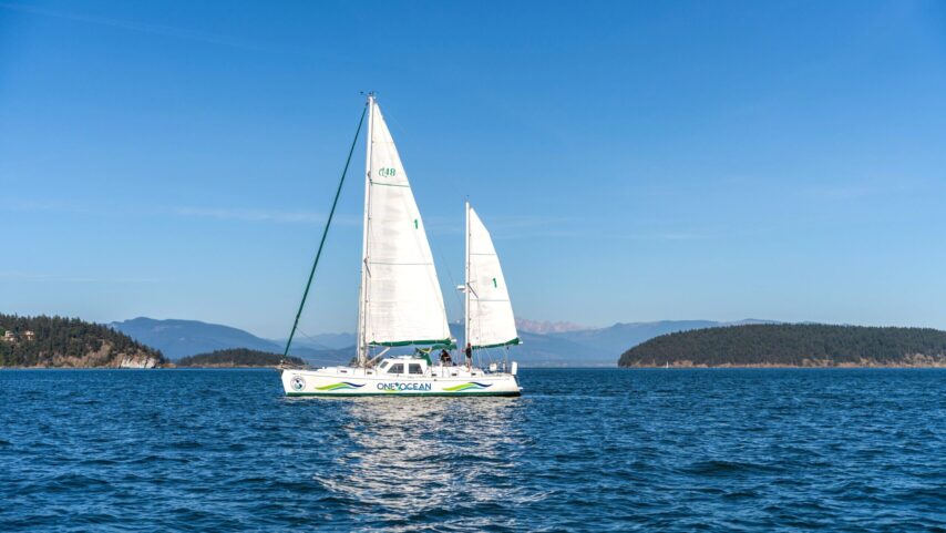 Photo of vessel One Ocean under sail departing Anacortes, WA area