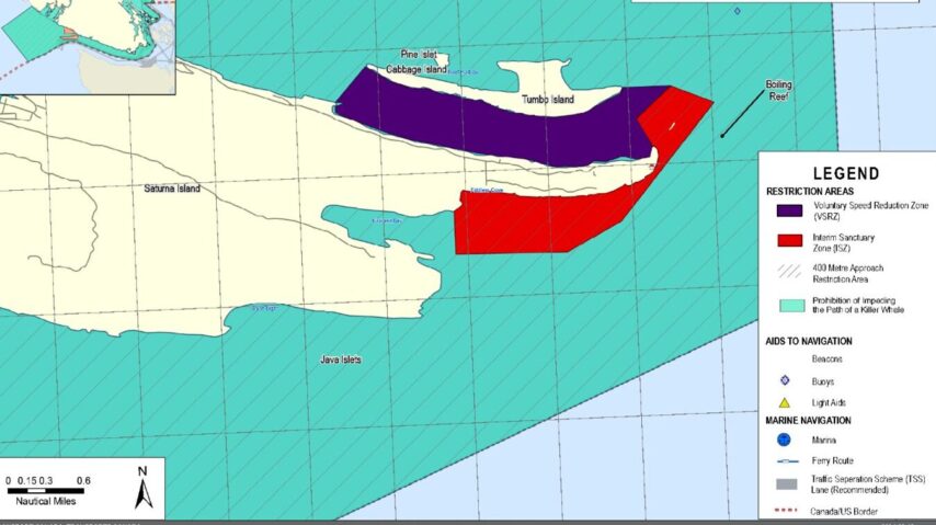 Transport Canada Map Saturna Island showing no-go interim sanctuary zone and voluntary speed zone in Tumbo Channel