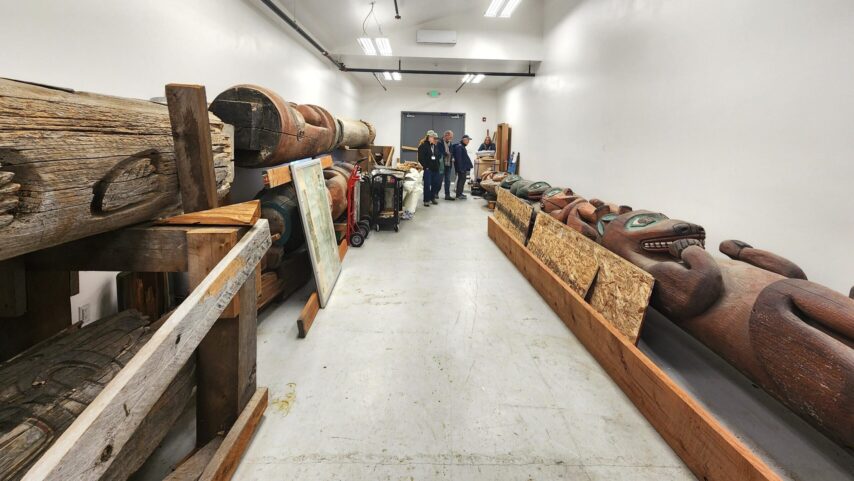 Totem poles indoors at Wrangell