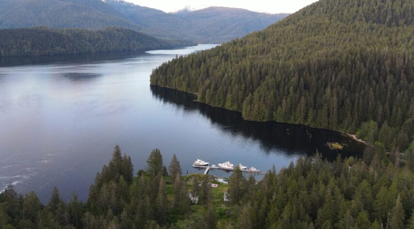Aerial photo of Butedale and Fraser Reach waterway