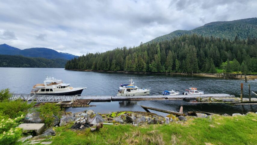 Boats at Butedale dock and ramp to uplands