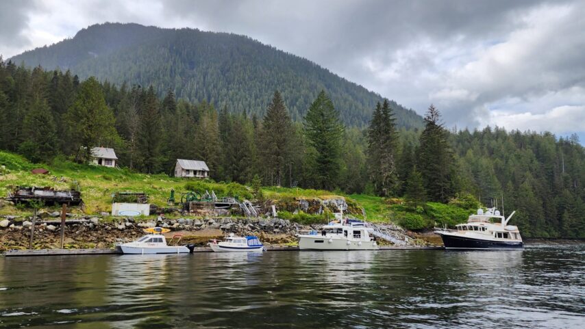 Butedale dock with two old cabins in background