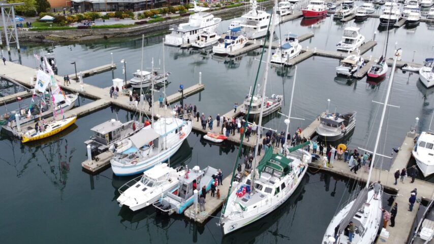 A crowd on the docks at Anacortes bidding the crew of One Ocean farewell