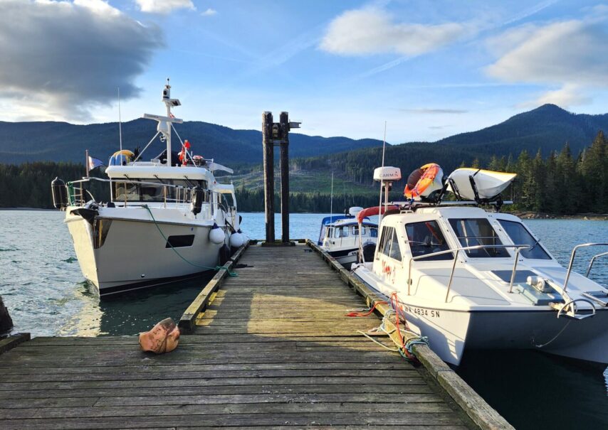 Boats tied up at Port Neville wharf
