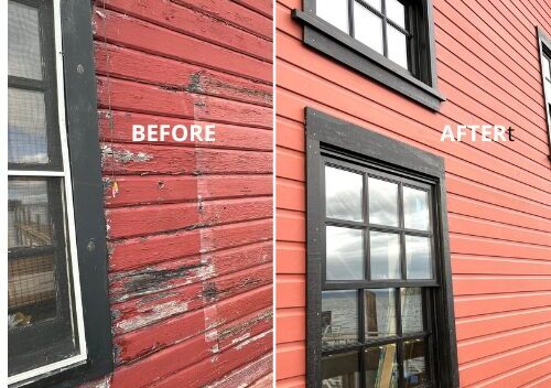 Photo of repairs to historic building on the wharf at Coupeville WA
