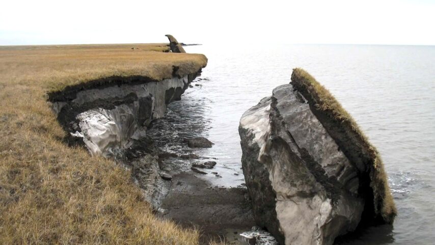 Photo of earth bank eroding, falling off into the sea