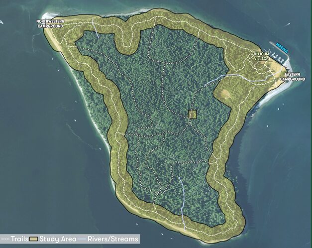 Image of island with trails and location of docks and campgrounds