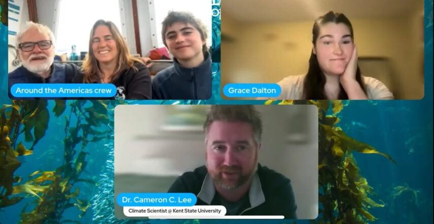 Image of Crew on S/V One Ocean and Dr. Cameron Lee on video for classroom presentation