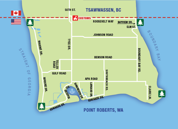 Map of Point Roberts showing marina location, streets, and park locations.