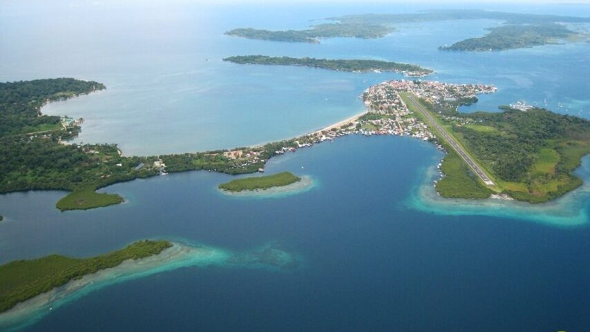 Aerial photo of Bocas Del Toro showing airport and surrounding area