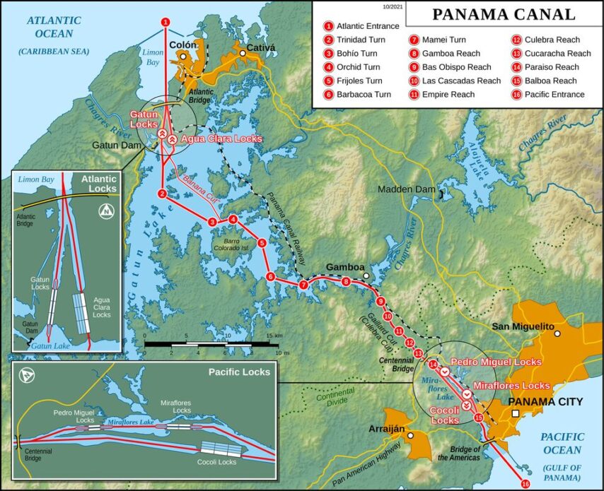 Map from Wikipedia showing the route through the Panama Canal