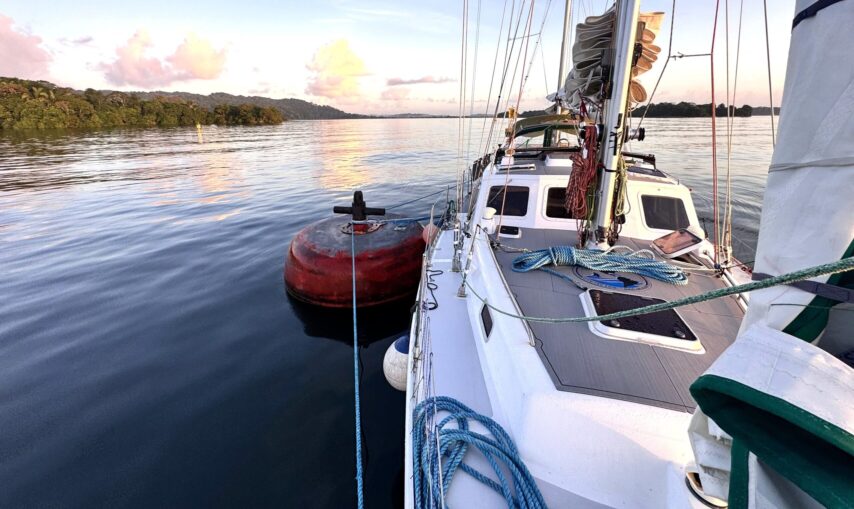 Photo of s/v One Ocean tied to a mooring buoy