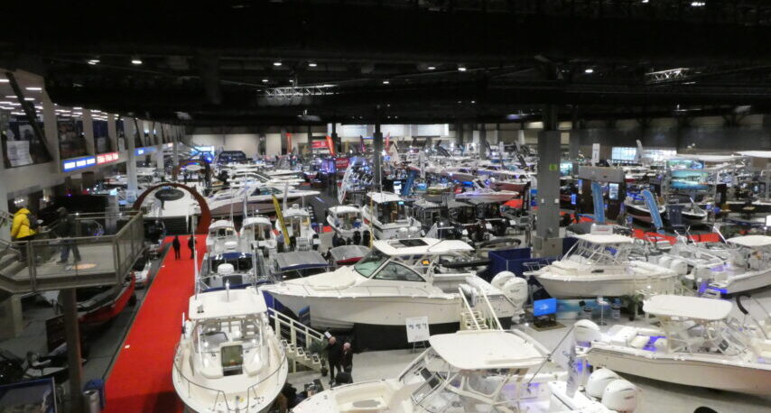 Photo of boats for sale inside Lumen Field Event Center in Seattle