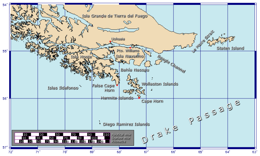 Map showing Beagle Channel and tip of South America and Drake Passage