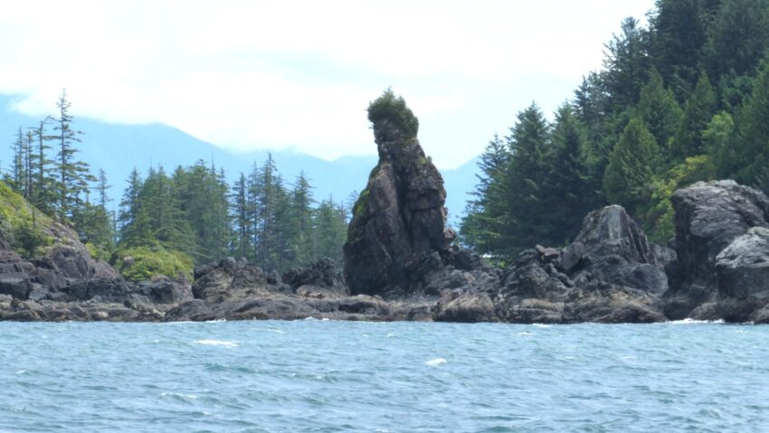 Photo of rocky shoreline with trees and a rock pillar with mountains in the background
