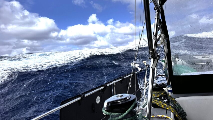photo of s/v One Ocean in large, steep seas in the Atlantic