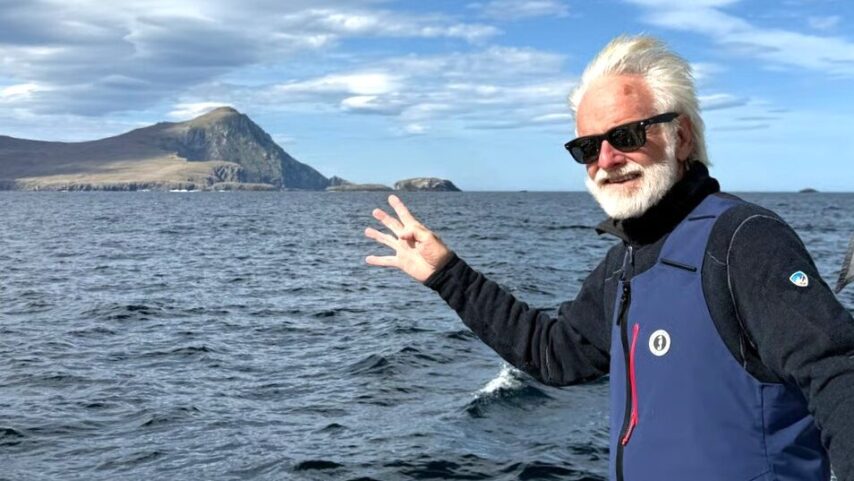 Captain Mark Schrader point to Cape Horn, which he has now passed 4 different times in his sailing career