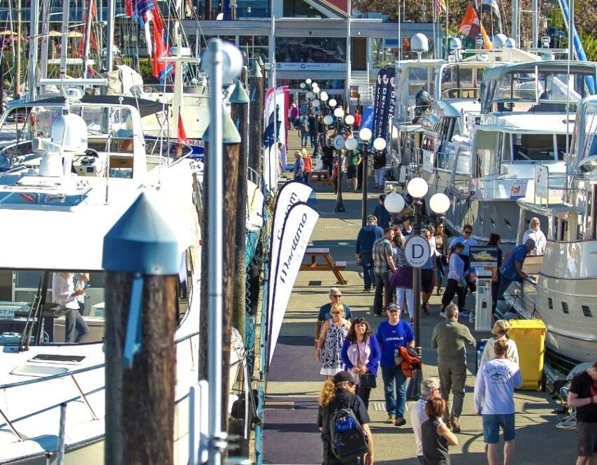 Photo of people walking the docks at the BC Boat Show at Port Sidney