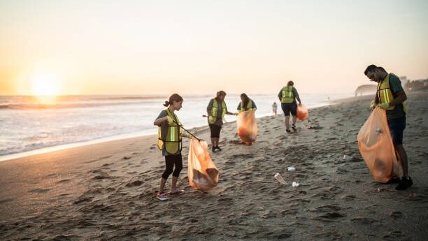 Photo of volunteers collecting debris off the beach