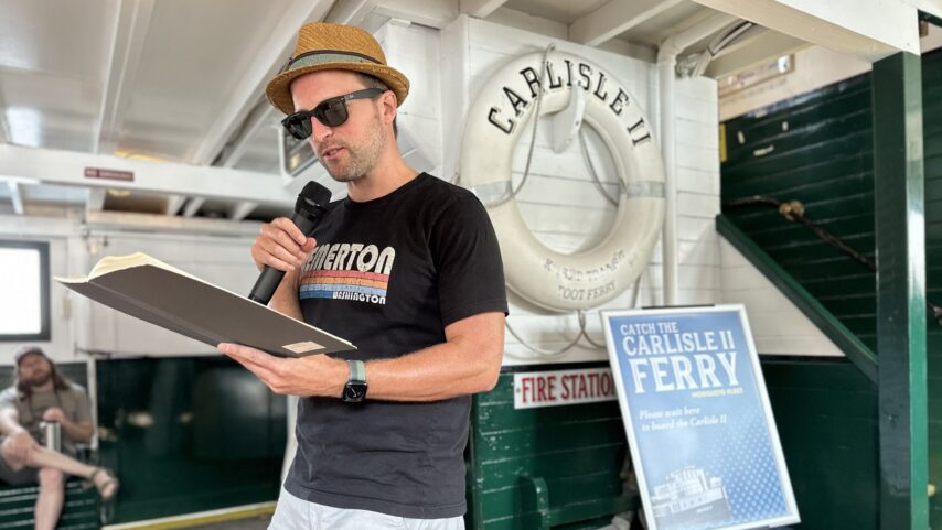 Narrator Josh Farley aboard Carlisle during the story-telling cruise